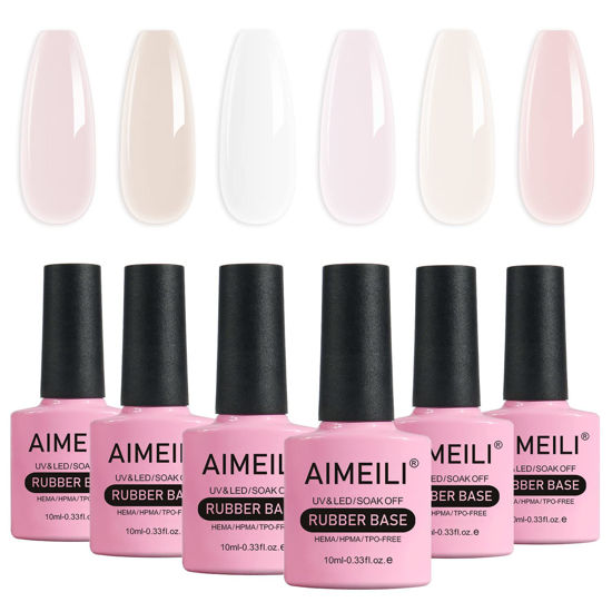 Picture of AIMEILI Hema Free Rubber Base Gel For Nails, Soak Off U V LED Clear Sheer Gel Nail Polish, 4 in 1 Nail Strengthen/Enhance/Base Coat/Color Gel Polish Set Of 6pcs X 10ml - Kit 44