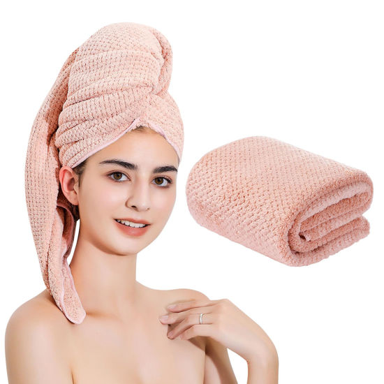 Picture of Laojbaba Microfiber Hair Towel Quick Dry Hair Towel Hair Drying Towels Suitable for All Kinds of Hair Ultra Absorbent Long and Thick Hair 24X48inch Lotus Root Pink (1pcs)