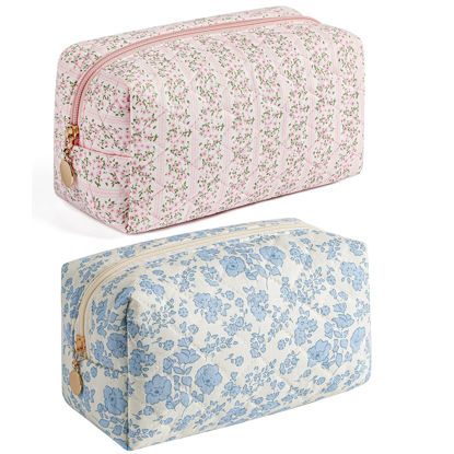 Picture of HHQQWZ Makeup Bag Travel Cosmetic Bag for Women Girls, Zipper Make Up Pouch, Floral Flowers Toiletry Organizer Makeup, Portable Storage Bag, Cosmetic Travel Cloth Bag (Pink+Blue Floral)