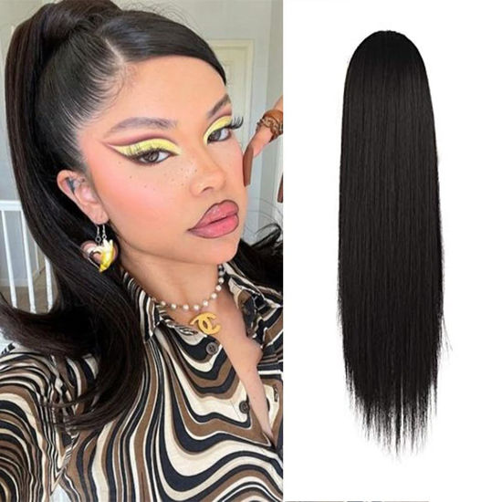 Picture of BARSDAR Short Straight Ponytail Extension - 14 Inch Drawstring Black Ponytail Hair Extensions for Women - Synthetic Fake Pony Tails Hairpieces Clip in Straight Ponytails Daily - Natural Black