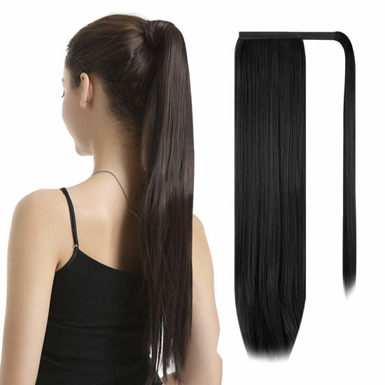 Picture of BARSDAR Straight Ponytail Extension - 28 Inch Long Straight Wrap Around Ponytail for Women Clip in Ponytail Hair Extensions Synthetic Black Hair Pony Tails Hairpieces Daily - Black