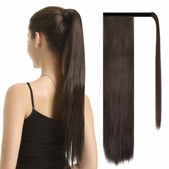 Picture of BARSDAR Straight Ponytail Extension - 24 Inch Long Straight Wrap Around Ponytail for Women Clip in Ponytail Hair Extensions Synthetic Brown Hair Pony Tails Hairpieces Daily - Chocolate Brown