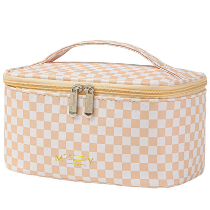 Picture of KITENROM Preppy Makeup Bag Travel Cosmetic Bags for Women Girls Multi-color Checkered Plaid Small Pouch Toiletry Bag Organizer Case Waterproof Case (Pink Checkerboard)
