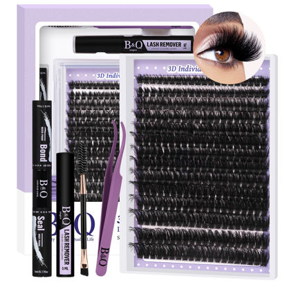 Picture of Lash Extension Kit 3D Thick Lash Clusters Kit 280pcs Eyelash Extension Kit 10-18mm 100D D Curl DIY Lash Extension Kit with Lash Bond and Seal, Lash Remover (KIT-100D-MIX10-18mm)