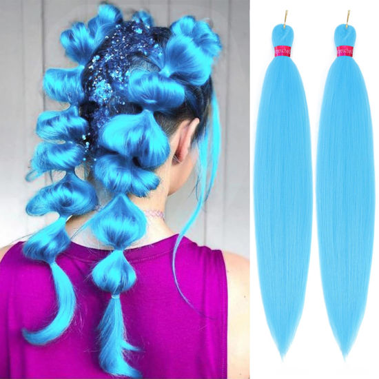 Picture of Light Blue Braiding Hair Pre Stretched 2 Packs Kanekalon Box Braids Hair Extensions 26 Inches Synthetic Pre Stretched Braiding Hair