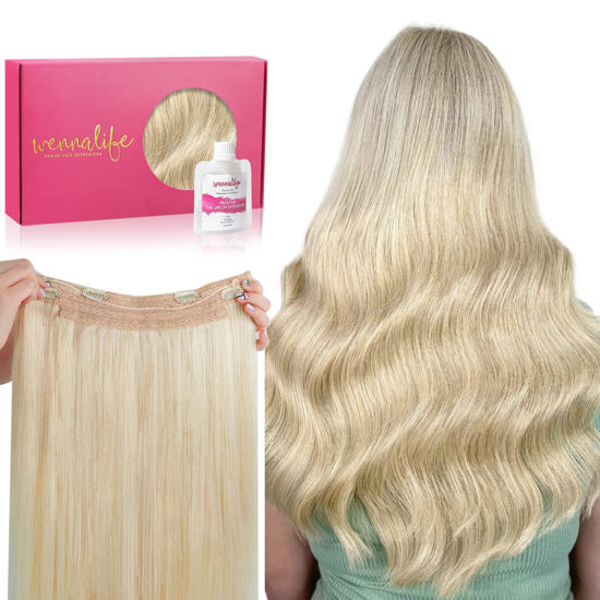Picture of WENNALIFE Wire Hair Extensions (Increase 50% Lifespan) Real Human Hair 12 inch 70g Bleach Blonde Remy Wire Hair Extensions Invisible Transparent Fish Line Straight Real Hair Extensions