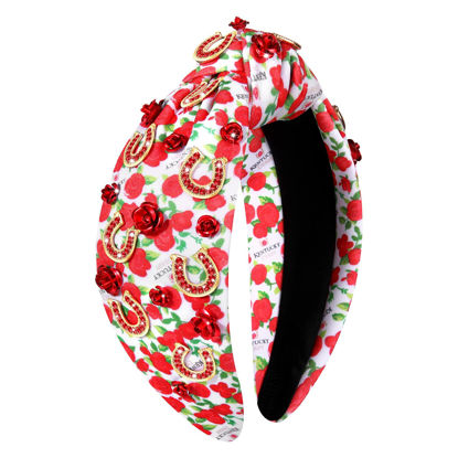Picture of Derby Headbands Accessories for Women Beaded Horseshoe Headbands Jockey Riding Suit Knotted Headbands Jeweled Top Knot Hairband Kentucky Derby Horse Racing Hair Accessory Outfits (Horseshoe C-Red)