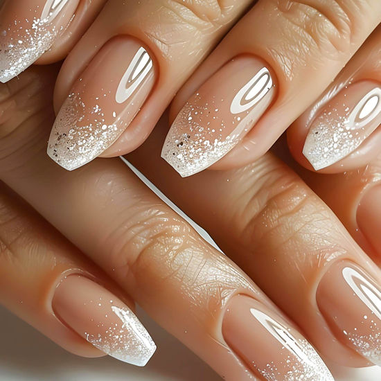 Picture of RUOKEXIN Coffin Press on Nails Medium Fake Nails White Ombre False Nails with Glitter Designs Medium Ballet Shaped Glue on Nails Glossy Artificial Nails Natural Stick on Nails for Women 24Pcs
