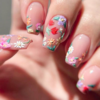 Picture of Flower Press on Nails Medium Square Fake Nails Cute Colorful 3D Flowers Acrylic Nails Full Cover Glue on Nails Press on Nails Nude Pink Stick on Nails for Women Girls Spring Manicure 24Pcs