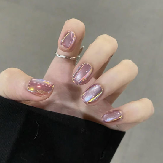 Picture of Short Square Press on Nails Purple Chrome Fake Nails Glossy Mirror Acrylic False Nails with Designs Shiny Glitter Artificial Nails Press ons Glue on Nails for Women Manicure Art 24Pcs