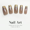 Picture of Gold French Tip Press on Nails Medium Coffin Fake Nails Glossy Brown Acrylic Nails Shiny Glitter False Nails Full Cover Square Glue on Nails for Women Manicure 24Pcs