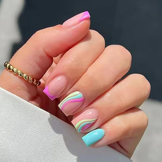 Picture of Sqaure Press on Nails Short French Tips Fake Nails Rainbow Acrylic False Nails with Designs Colorful Line Curve Glue on Nails Summer Stick on Nails for Women Girls Manicure Art Kit 24Pcs