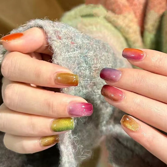 Picture of Square Press on Nails Short Colorful Fake Nails Rainbow False Nails for Ca Eye, Ombre Press on Nails with Desins Gradation Glitter Glue on Nails for Women Girl 24Pcs
