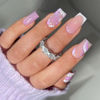 Picture of Pink Press on Nails Medium Square Fake Nails French Tip False Nails Glitter Acrylic Nails with Stripe Flower Designs Glue on Nails for Women Manicure Nails Decoration 24Pcs