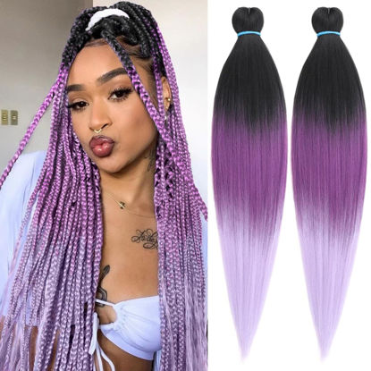Picture of Leeven 2 packs Pre Stretched Braiding Hair 26 Inch Hot Water Setting Synthetic Hair Crochet Braiding Hair Extension(Black/Dark Purple/Light Purple)