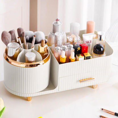 Picture of Rotating Makeup Organizer for Vanity with Brush Holder and Drawer, Cosmetic Makeup Storage, Large Spinning Makeup Skincare Organizer, Countertop Makeup Perfume Organizer, Lotions Display Case (White)
