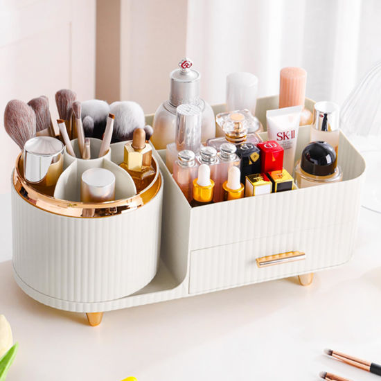 Picture of Rotating Makeup Organizer for Vanity with Brush Holder and Drawer, Cosmetic Makeup Storage, Large Spinning Makeup Skincare Organizer, Countertop Makeup Perfume Organizer, Lotions Display Case (White)