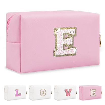 Picture of Small Personalized Initial A-Z Patch Makeup Bag,Pink Cute PU Leather Glitter Letter Cosmetic Bag for Teen Girls,Travel Toiletry Bag with Zipper,Preppy Monogrammed Birthday Gift for Daughter Niece E