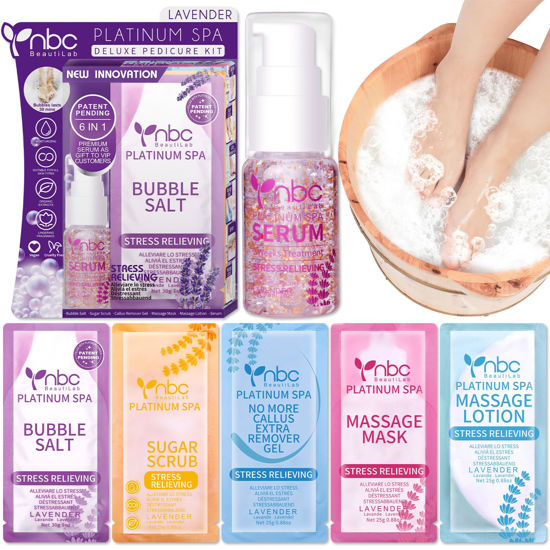 Picture of nbc BeautiLab Pedicure Kit Foot Soak Set: Bubble Salt, Sugar Scrub, Massage Mask, Massage Lotion in a Box, 4 Step Foot Spa Kit for Dry Feet,Tired Feet(Lavender)