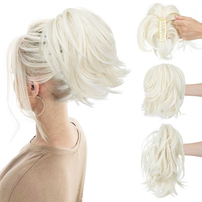 Picture of CJL HAIR Claw Clip Short Ponytail Hair Extensions DIY Bendable Metals Messy Bun Hair Piece for Wonen Straight Synthetic Fake Hairpieces Platinum Blonde