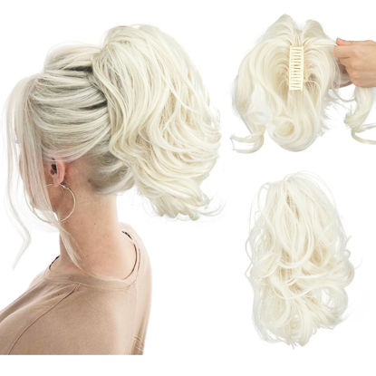 Picture of CJL HAIR Claw Clip Short Ponytail Hair Extensions DIY Bendable Metals Messy Bun Hair Piece for Wonen Wavy Curly Synthetic Fake Hairpieces Platinum Blonde