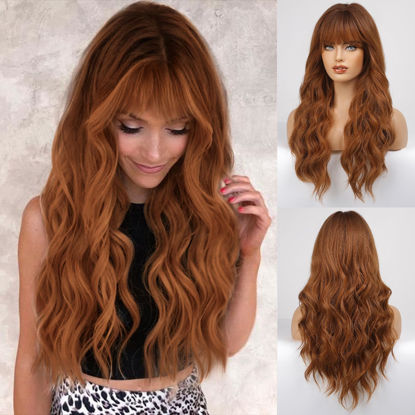 Picture of HAIRCUBE Ombre Auburn Wig with Bangs Long Curly Wig with Bangs orange wig Natural Appearance Heat-Resistant Synthetic Wig Suitable for Fashionable Women