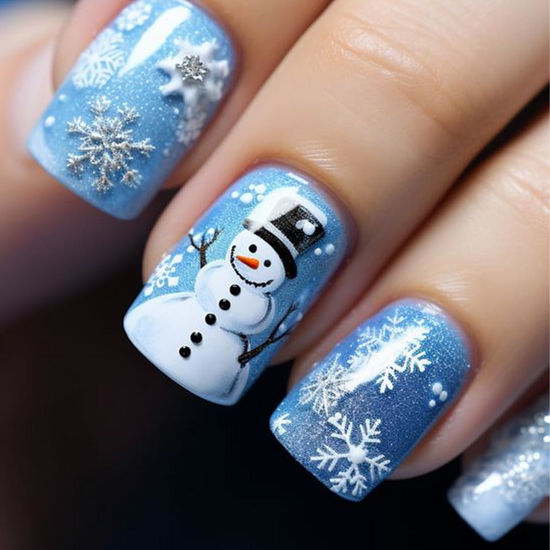 Picture of Christmas Press on Nails Short Square Blue Glitter Fake Nails with Snowflake ＆ Snowman Designs Cute Xmas Winter Acrylic Nails Full Cover False Nails Stick on Nails for Women Women Nail Art DIY 24 Pcs