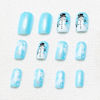 Picture of Christmas Press on Nails Short Square Blue Glitter Fake Nails with Snowflake ＆ Snowman Designs Cute Xmas Winter Acrylic Nails Full Cover False Nails Stick on Nails for Women Women Nail Art DIY 24 Pcs