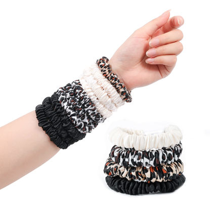 Picture of Hair Ties Silk Satin Scrunchies - Small Mini Thin Elestics Ponytail Holder Hair Bands Skinny Scrunchy For Thick Curl Hair No Crease Hair Ties Soft Accessories No Hurt Your Hair for Women and Girls (White Leopard Black)