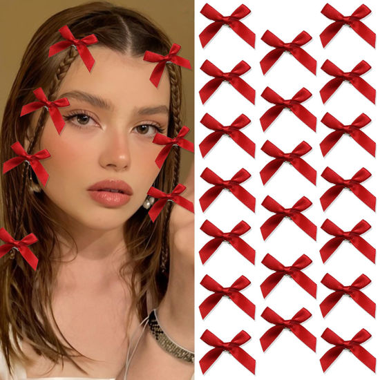 Picture of SAWINDA 20PCS Pink Hair Bows Ribbon Alligator Hair Ribbon Hair Barrettes for Teens Small Claw Clips for Thick Thin Hair,Cute Hair Accessories for Women Girls (Red)