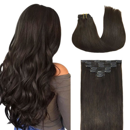 Picture of DOORES Clip in Hair Extensions Real Human Hair, Dark Brown 12 Inch 7pcs 80g, Remy Hair Extensions Clip in Human Hair Extensions For Women Clip in Natural Hair Extensions Silky Straight