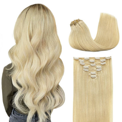 Picture of DOORES Clip in Hair Extensions Bleach Blonde 120g 7pcs 14 Inch Real Human Hair Extensions Clip in Straight Natural Hair Clip in Remy Extensions