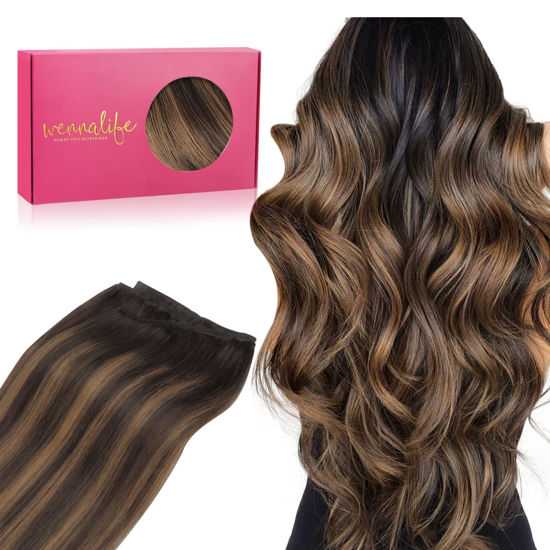 Picture of WENNALIFE Sew in Hair Extensions Real Human Hair, 20 Inch 100g Balayage Dark Brown to Chestnut Brown Machine Weft Hair Extensions Human Hair Hand Tied Weft Hair Extensions Sew In