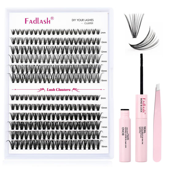 Picture of FADLASH DIY Lash Extension Kit Individual Lashes Cluster D Curl Eyelash Extension Kit with Lash Bond and Seal and Lash Applicator Tool for Self Application at Home (30D+40D-0.07D-8-16MIX KIT)