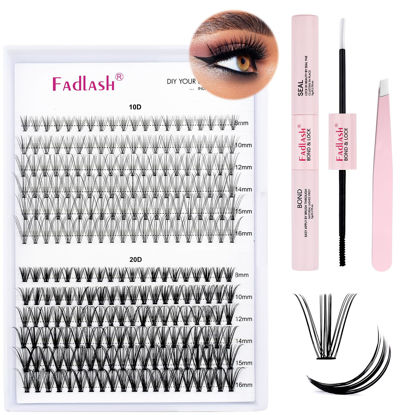 Picture of FADLASH DIY Lash Extension Kit Individual Lashes Cluster D Curl Eyelash Extension Kit with Lash Bond and Seal and Lash Applicator Tool for Self Application at Home (10D+20D-0.07D-8-16MIX KIT)