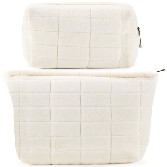 Picture of ZLFSRQ 2Pcs Makeup Bag for Women Trendy Large Capacity Cosmetic Bag Plush White Checkered Makeup Pouch for Purse Coquette Zippered Bag Organizer Y2K Aesthetic Accessories Makeup Brushes Storage Bag