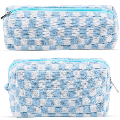 Picture of 2Pcs Checkered Makeup Bag for Women Girls Pencil Pouch Travel Small Cosmetic Bag Set Cute Makeup Pouch Purse Pencil Case Pencil Bag Zippered Toiletry Bag Organizer Preppy Trendy Storage Bag(Blue)