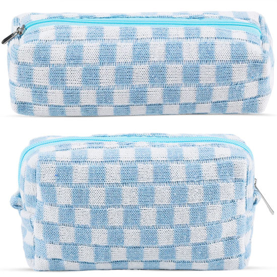 Picture of 2Pcs Checkered Makeup Bag for Women Girls Pencil Pouch Travel Small Cosmetic Bag Set Cute Makeup Pouch Purse Pencil Case Pencil Bag Zippered Toiletry Bag Organizer Preppy Trendy Storage Bag(Blue)