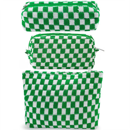 Picture of ZLFSRQ 3Pcs Checkered Makeup Bag for Women Large Cosmetic Bag Set Travel Toiletry Bag Makeup Pouch Bag for Purse Green Zipper Storage Bag Organizer Cute Small Aesthetic Girls Car Essentials Bag