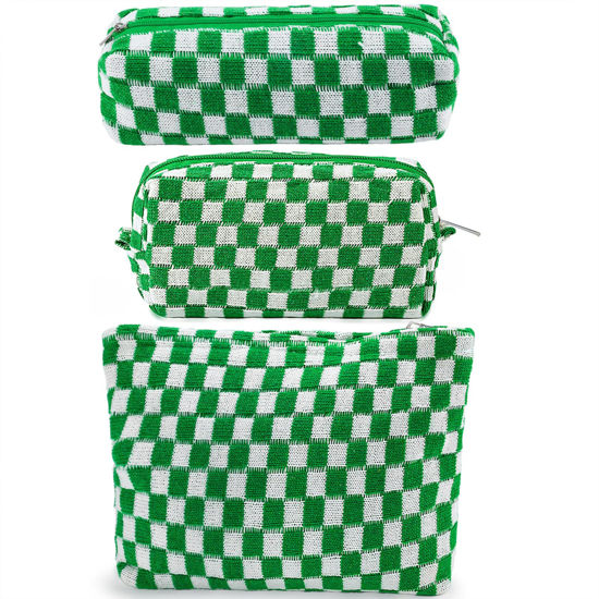 Picture of ZLFSRQ 3Pcs Checkered Makeup Bag for Women Large Cosmetic Bag Set Travel Toiletry Bag Makeup Pouch Bag for Purse Green Zipper Storage Bag Organizer Cute Small Aesthetic Girls Car Essentials Bag