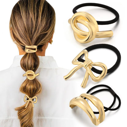 Picture of 3PCS Gold Hair Ties, Metal Hair Ties for Thick Hair, Gold Hair Accessories Stretchy and Non-Damage Ponytail Holders, Elegant Durable Geometric Design 3 Styles in Box Valentine's Day Gifts Holiday