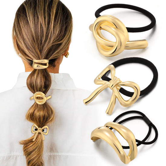 Picture of 3PCS Gold Hair Ties, Metal Hair Ties for Thick Hair, Gold Hair Accessories Stretchy and Non-Damage Ponytail Holders, Elegant Durable Geometric Design 3 Styles in Box Valentine's Day Gifts Holiday