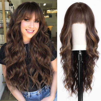 Picture of HAIRCUBE Brown Wig with Bangs for Women Brown and Blonde Long Wavy Hair Wig Wig Curly Wavy Synthetic Wigs for Girls Daily Party Use