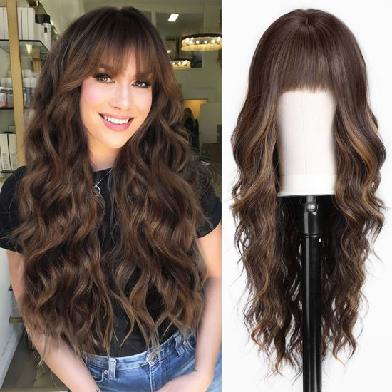 Picture of HAIRCUBE Brown Wig with Bangs for Women Brown and Blonde Long Wavy Hair Wig Wig Curly Wavy Synthetic Wigs for Girls Daily Party Use