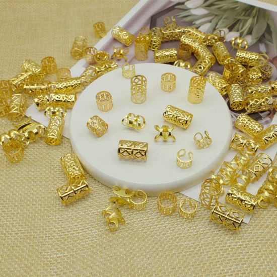 Picture of 100 PCS Gold Dreadlock Beads Locs Accessories , Jewelry for Braids, Women and Girls, Adjustable Cuffs Braiding Hair Rings Decoration