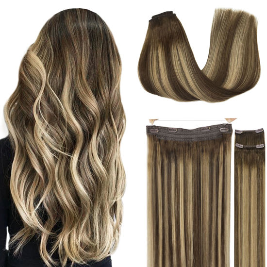 Picture of GOO GOO Wire Hair Extensions Human Hair, 4/27/4 Chocolate Brown with Caramel Blonde Balayage 16inch 125g, Invisible Wire Hair Extensions with Transparent, Seamless Fish Line Hairpiece