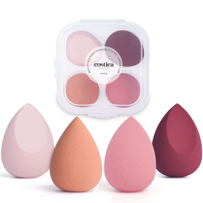 Picture of COSTICA Makeup Sponge, 4 Pcs Beauty Blender for Foundation Blending Sponge, Pink Makeup Blender with Storage Box, Flawless for Liquid Cream and Powder