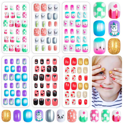Picture of 144 Pieces Fake Nails for Kids Girls Artificial Kids Press on Nails Full Cover Short Acrylic Stick On Nails False Nail Tips Kit for Children Little Girls Nail Art Decoration (Sweet Pattern)