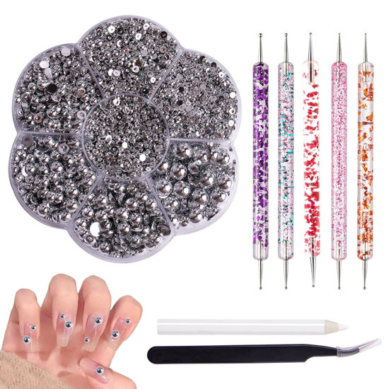Picture of Face Gems White Rhinestones, 5606PCS Nail Art Flat Back Half Round Pearl Crafts, and DIY Projects - Perfect for Home DIY Nails Body Face Craft and Salon Use.(Silver)…