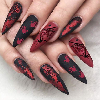 Picture of Halloween Press on Nails Almond Fake Nails Black Burgundy Acrylic False Nails Long Artificial Nails Spiders Cobwebs Bloody Hands Designs Horror Gel Nails 24Pcs